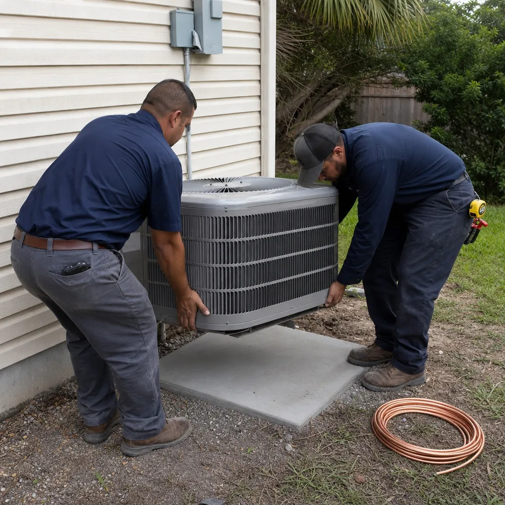 Two professional HVAC technicians installing a residential air conditioning unit