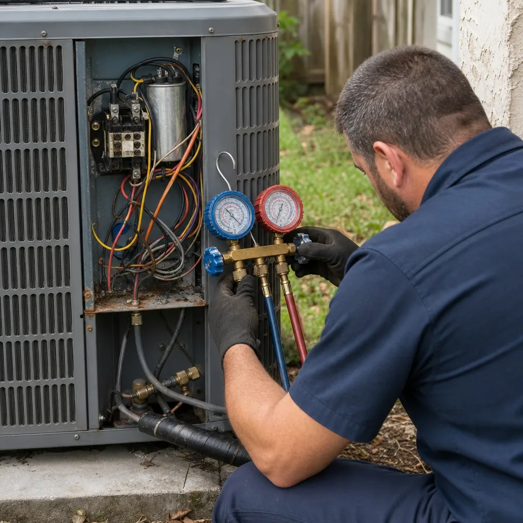 HVAC technician performing professional AC repair and maintenance on outdoor unit