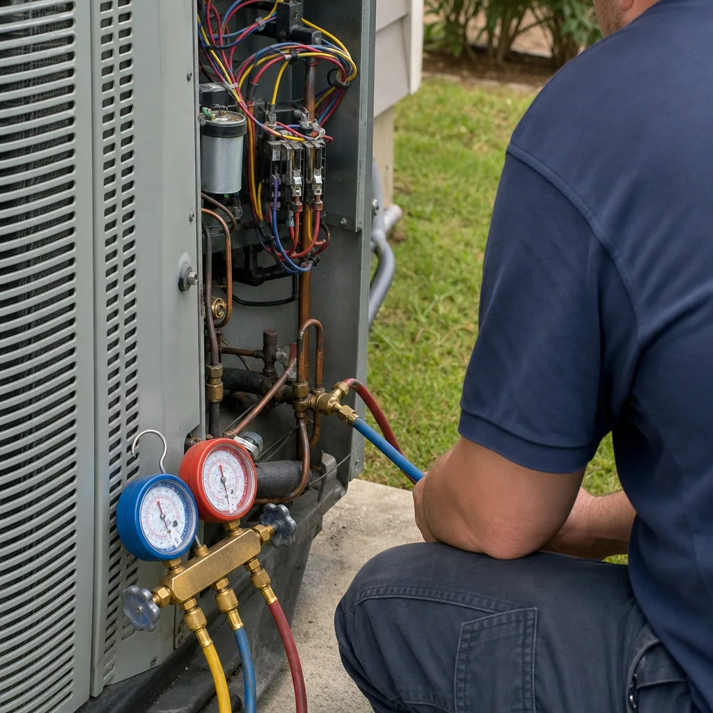 HVAC technician performing professional air conditioning repair on a residential unit.