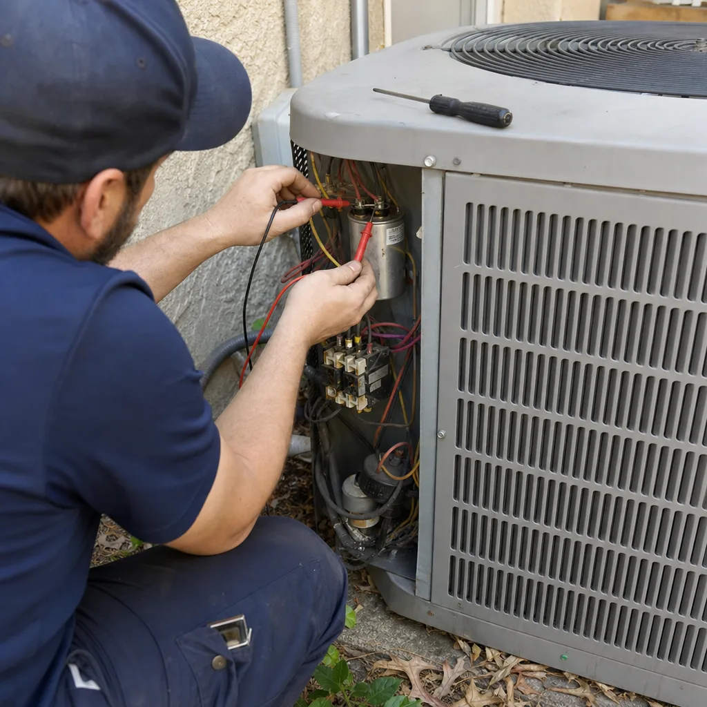 HVAC technician testing an air conditioning unit capacitor with a multimeter