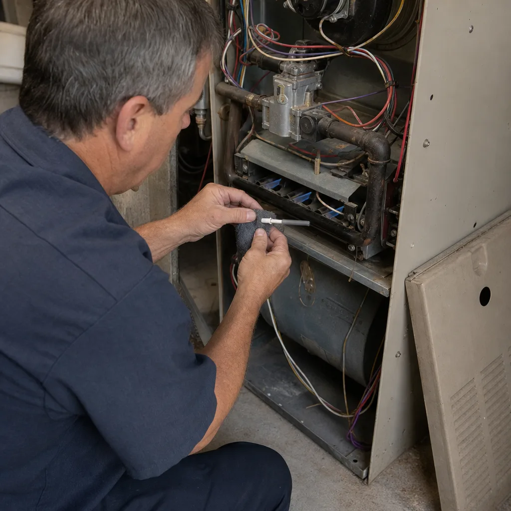 HVAC technician performing professional furnace repair and maintenance